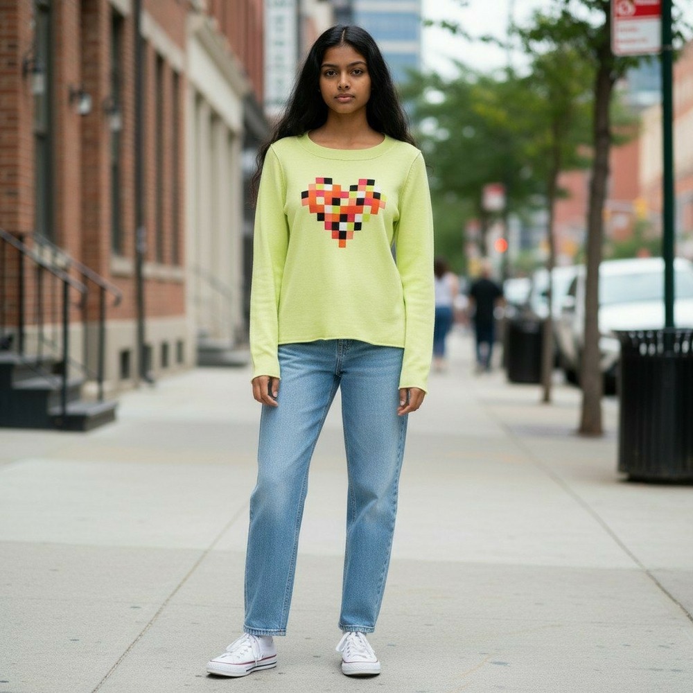 Lisa Todd Pixel Heart Cashmere Blend Lightweight Knit Sweater Neon Yellow XS
